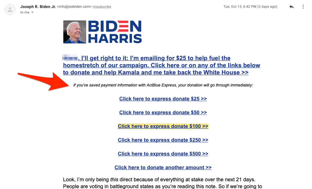 Email screenshot of Biden Harris campaign