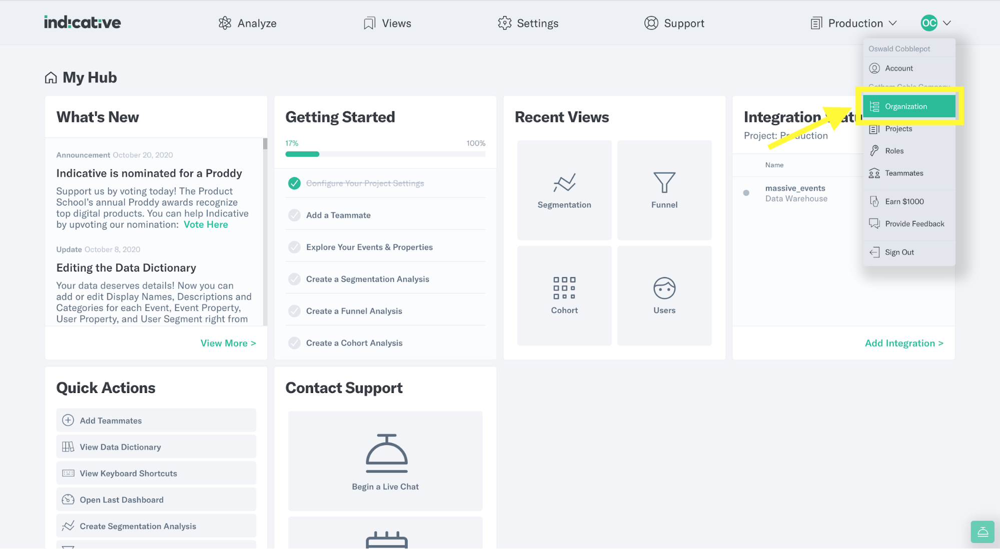 Drop down inside Indicative showing where to navigate for organization settings