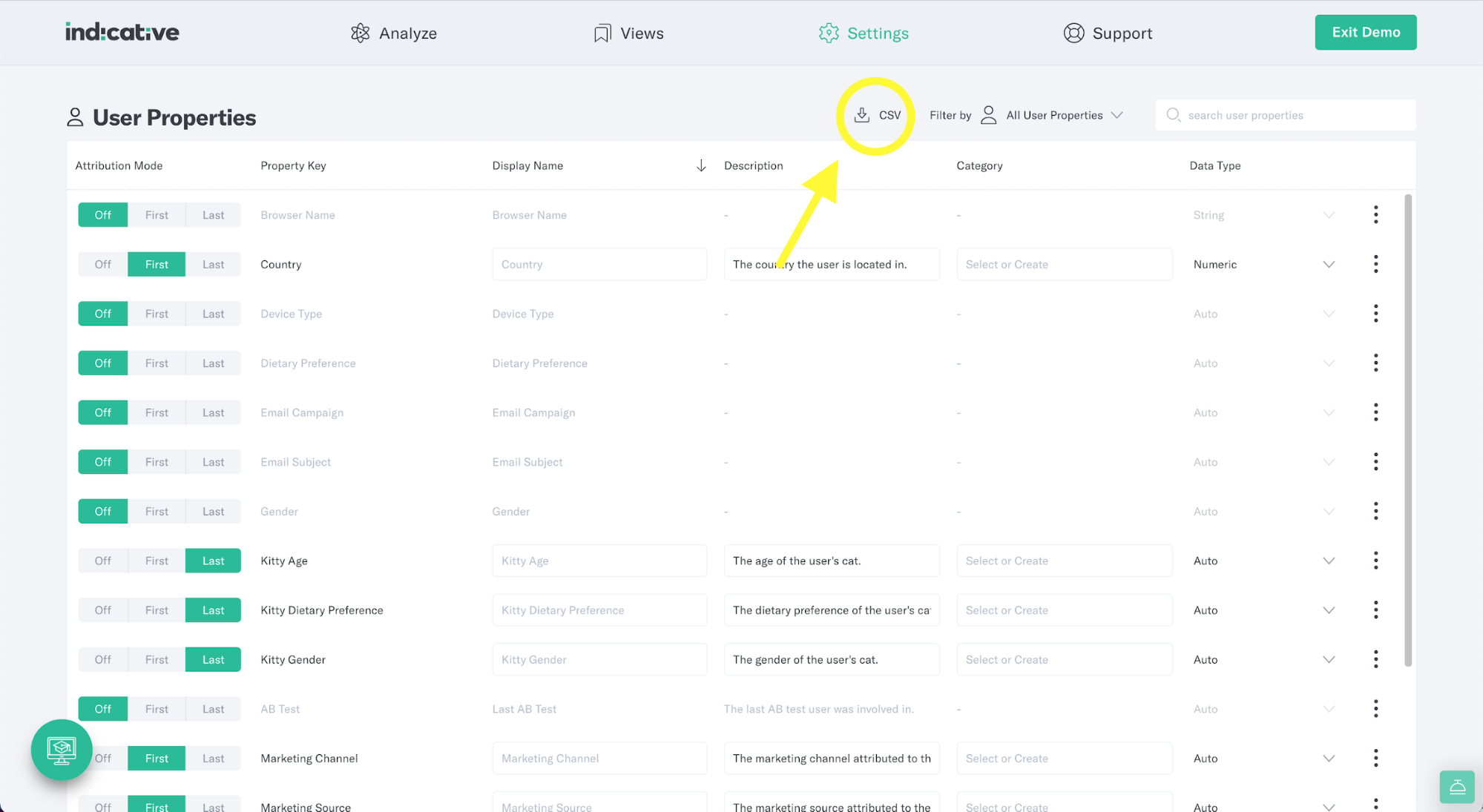 CSV Download release within Indicative for Events, Event Properties, and User Properties