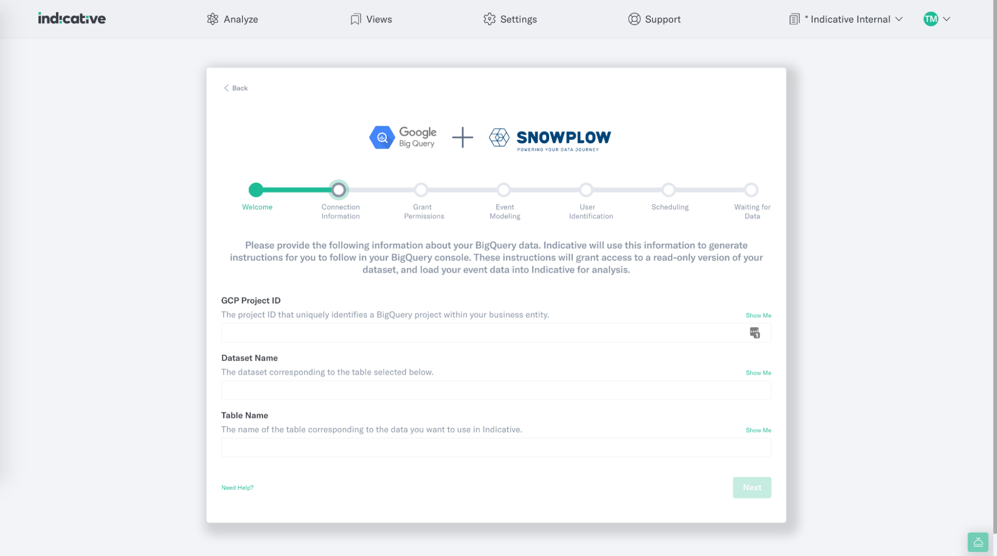 Connect data sources screen in Indicative for Big Query and Snowplow