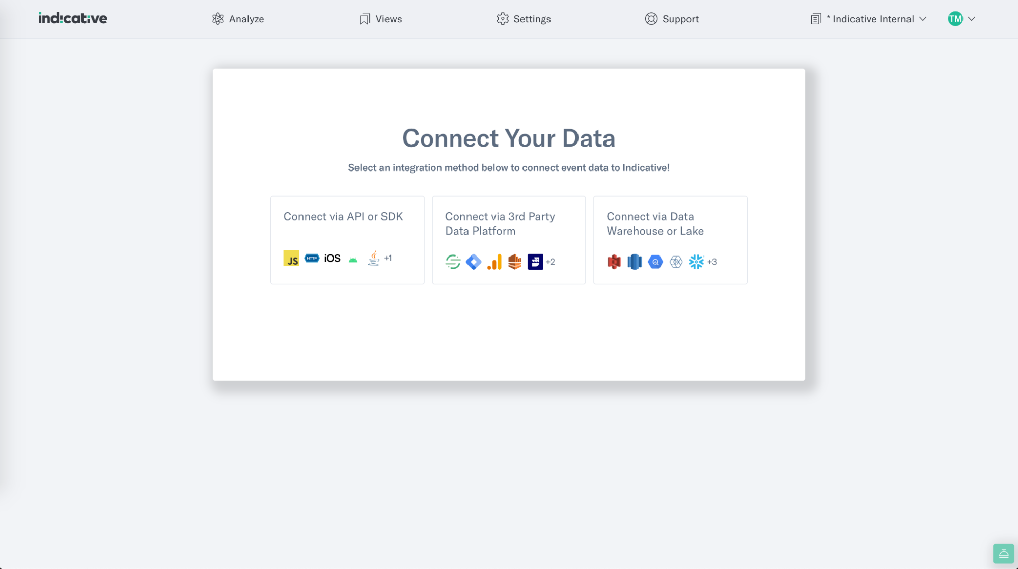 Connect data sources dashboard in Indicative